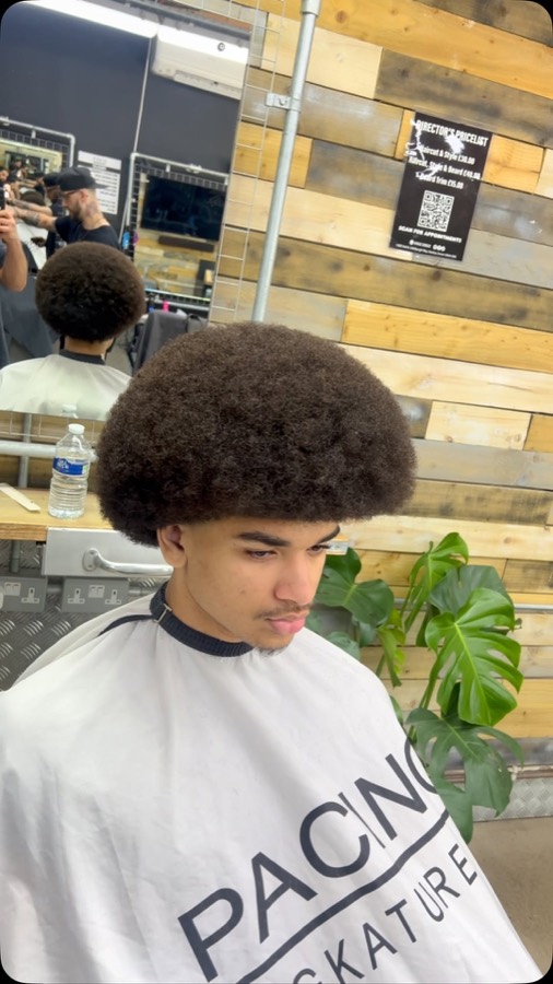An afro with a sharp shape-up.
