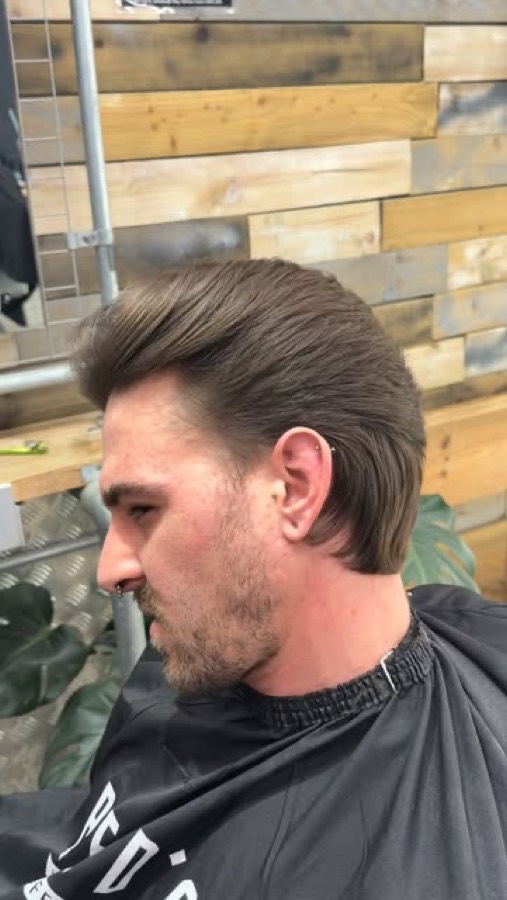 A long pompadour swept high.